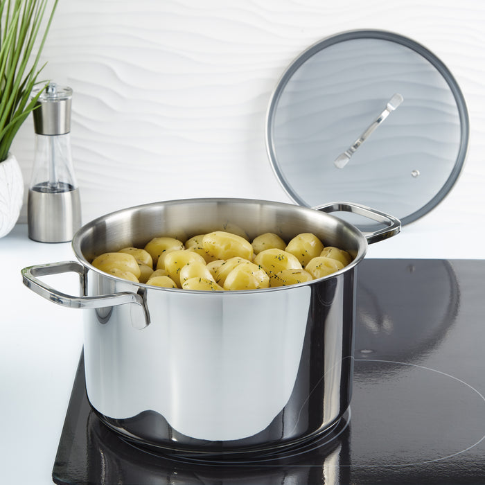 Image 2 of DiNA Helix Recycled 18/10 Stainless Steel 10" Stockpot 7qt., Glass Lid