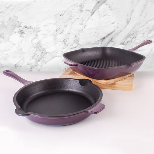 Image 2 of Neo 2pc Cast Iron 10" Fry Pan & 11" Grill Pan Cookware Set, Purple