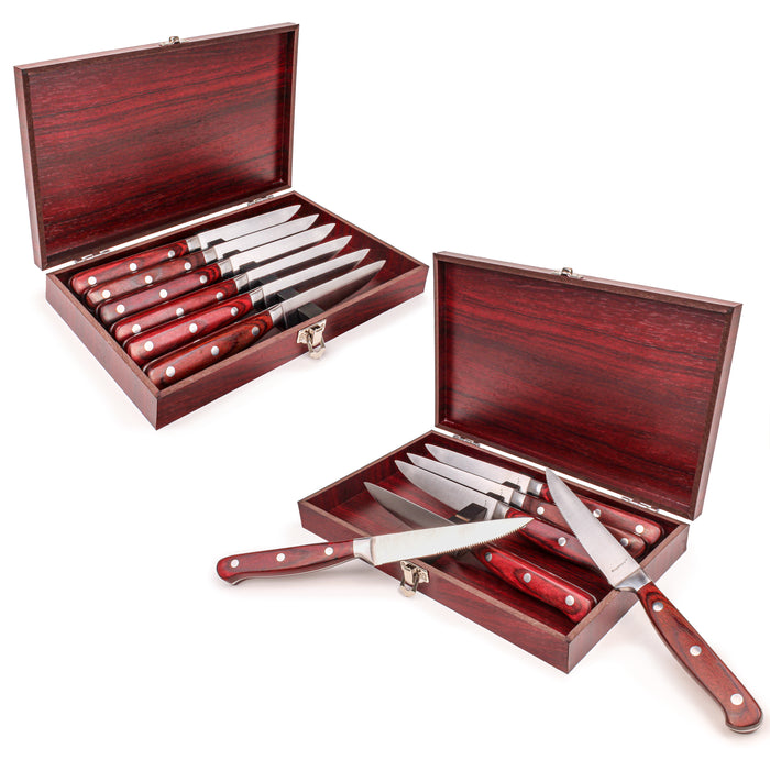 Image 1 of Pakka Wood 14pc Stainless Steel Steak Knife Set with Wood Cases