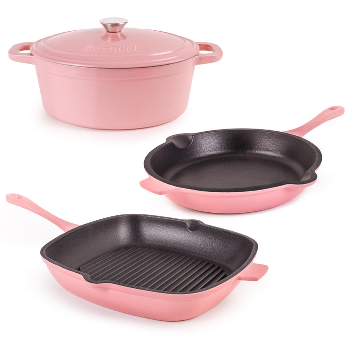 Image 1 of Neo 4pc Cast Iron Cookware Set, Grill Pan, Fry Pan & Oval Dutch Oven, Pink