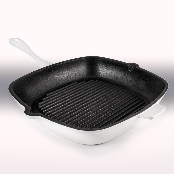 Image 6 of Neo 3pc Cast Iron Cookware Set, Grill Pan & Round Dutch Oven, White