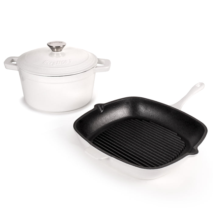 Image 9 of Neo 3pc Cast Iron Cookware Set, Grill Pan & Round Dutch Oven, White