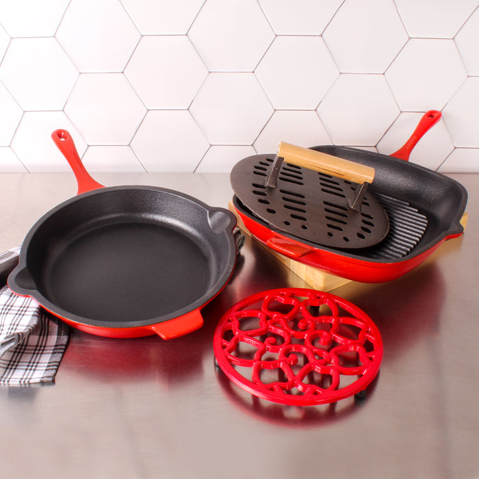 Image 2 of Neo 4pc Cast Iron Grill & Fry Pan Set, Red