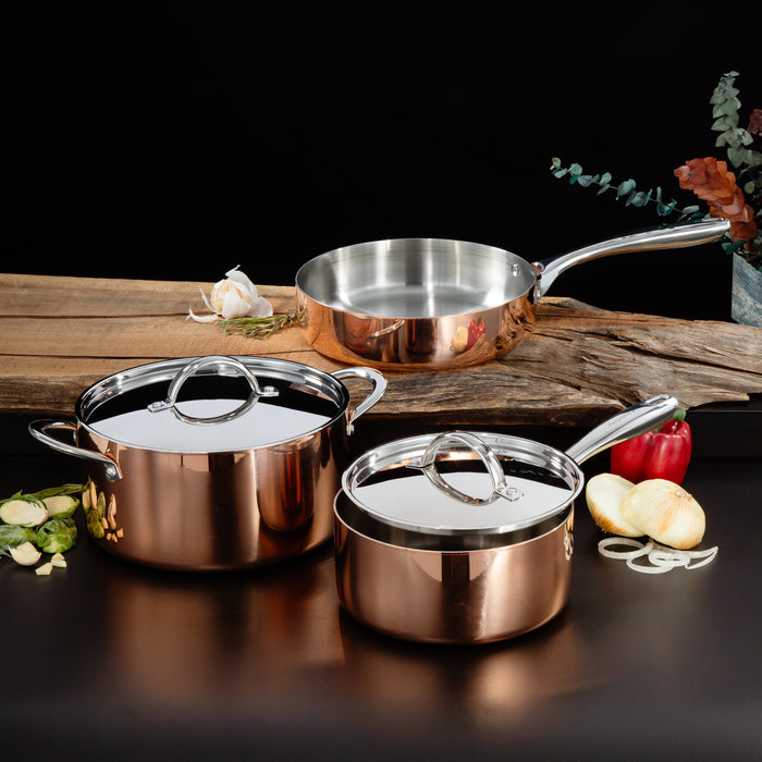 Image 9 of Vintage 5pc Tri-Ply Copper Cookware Set with Lids, Polished