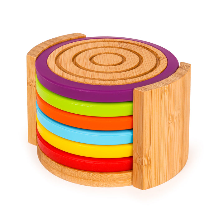 Image 1 of Bamboo 7pc Coaster Set with Silicone Rims, Multicolor