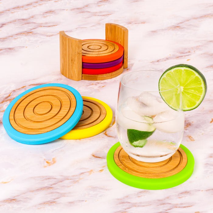 Image 4 of Bamboo 7pc Coaster Set with Silicone Rims, Multicolor