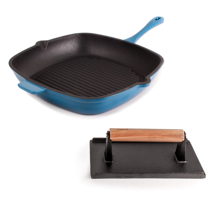 Image 1 of Neo 2Pc Cast Iron 11" Grill Pan with Steak Press, Blue