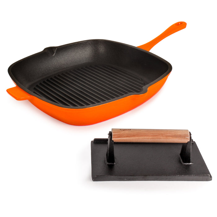 Image 1 of Neo 2Pc Cast Iron 11" Grill Pan with Steak Press, Orange