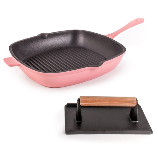 Image 1 of Neo 2Pc Cast Iron 11" Grill Pan with Steak Press, Pink