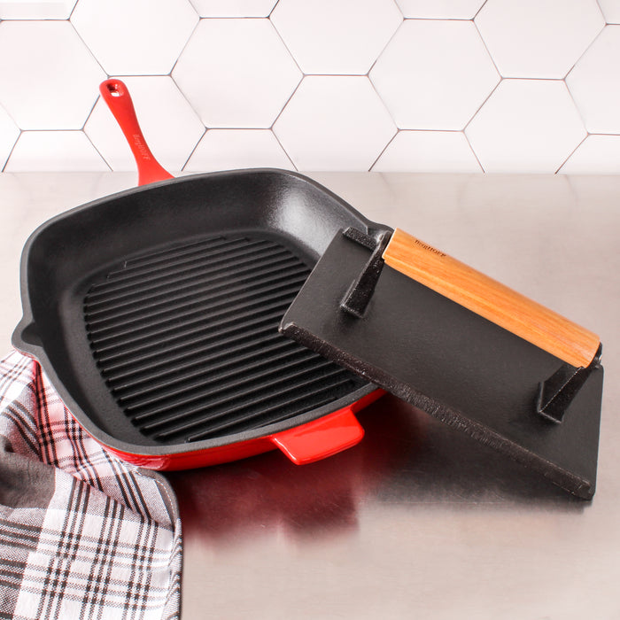 Image 2 of Neo 2Pc Cast Iron 11" Grill Pan with Steak Press, Red