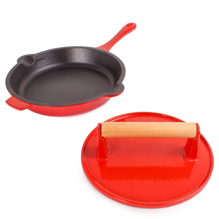 Image 1 of Neo 2pc Cast Iron 10" Fry Pan with Steak Press, Red