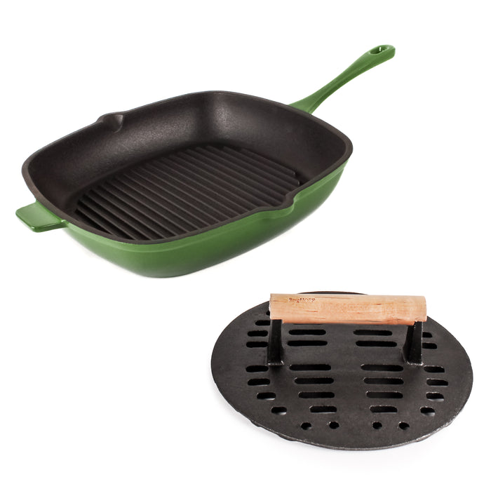 Neo 2pc Cast Iron 11 Grill Pan with Slotted Steak Press Green BergHOFF