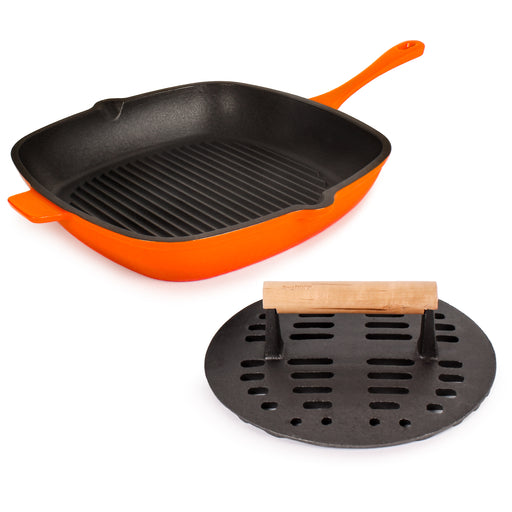 Image 1 of Neo 2pc Cast Iron 11" Grill Pan with Slotted Steak Press, Orange