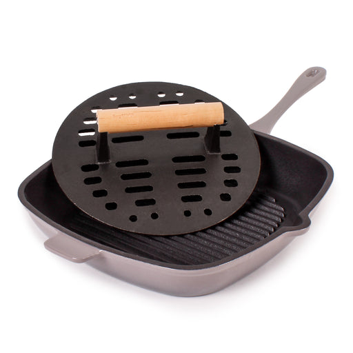 Image 2 of Neo 2pc Cast Iron 11" Grill Pan with Slotted Steak Press, Oyster