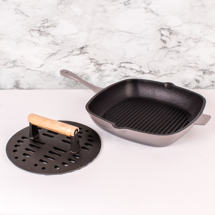 Image 3 of Neo 2pc Cast Iron 11" Grill Pan with Slotted Steak Press, Oyster