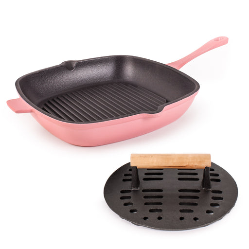 Image 1 of Neo 2pc Cast Iron 11" Grill Pan with Slotted Steak Press, Pink