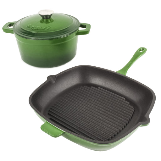 Image 1 of Neo 3pc Cast Iron Cookware Set, Grill Pan & Round Dutch Oven, Green