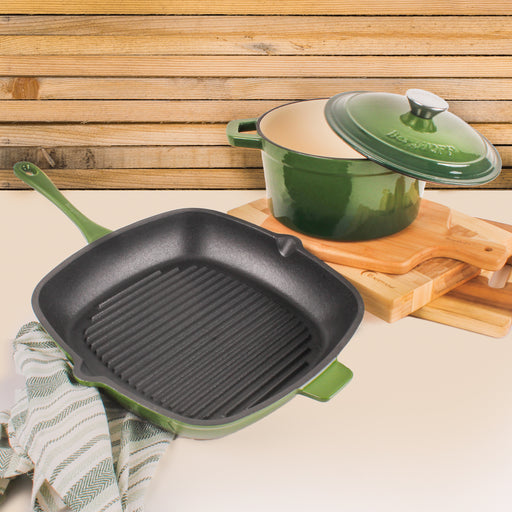 Image 2 of Neo 3pc Cast Iron Cookware Set, Grill Pan & Round Dutch Oven, Green