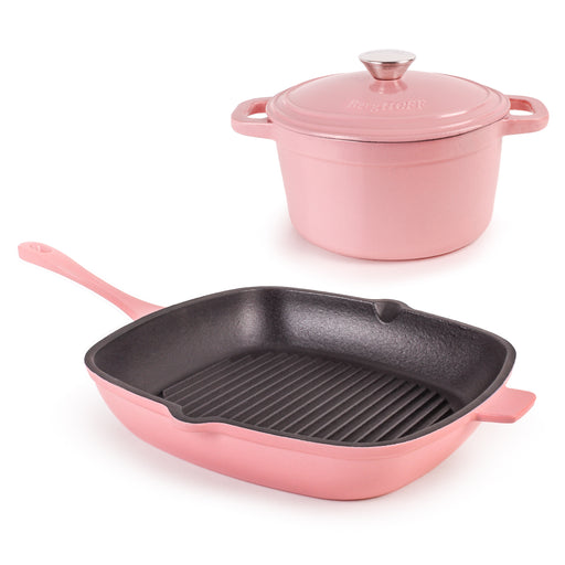 Image 1 of Neo 3pc Cast Iron Cookware Set, Grill Pan & Round Dutch Oven, Pink