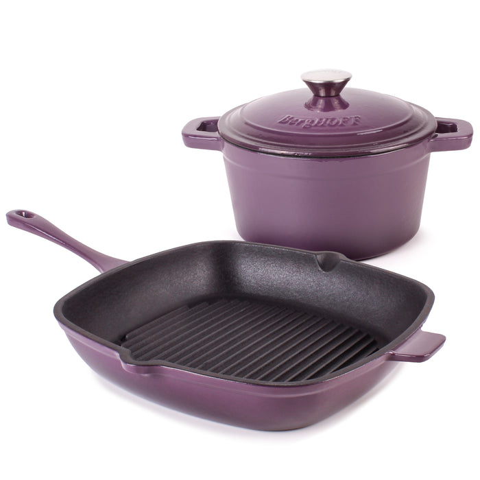 Image 1 of Neo 3pc Cast Iron Cookware Set, Grill Pan & Round Dutch Oven, Purple