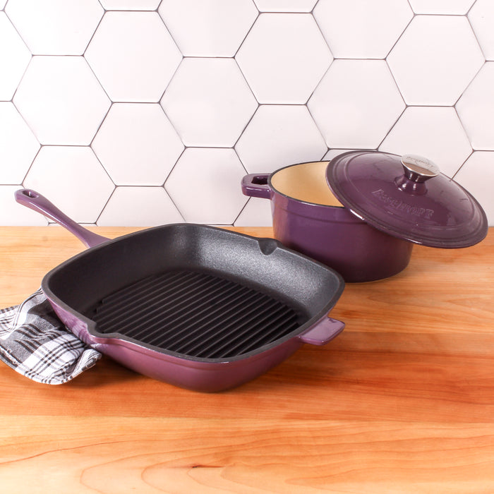 Image 2 of Neo 3pc Cast Iron Cookware Set, Grill Pan & Round Dutch Oven, Purple