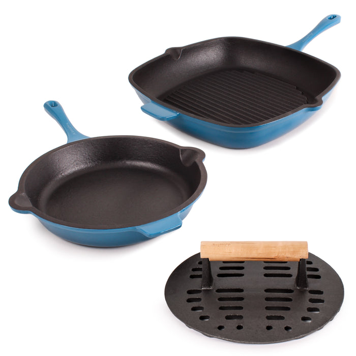 Image 1 of Neo 3pc Cast Iron Fry Pan & Grill Pan Set with Slotted Steak Press, Blue