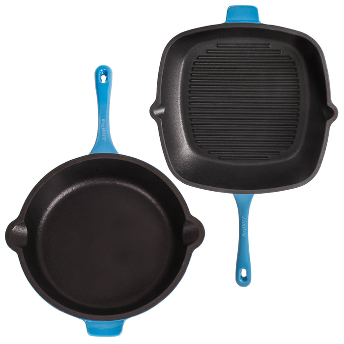 Image 3 of Neo 3pc Cast Iron Fry Pan & Grill Pan Set with Slotted Steak Press, Blue