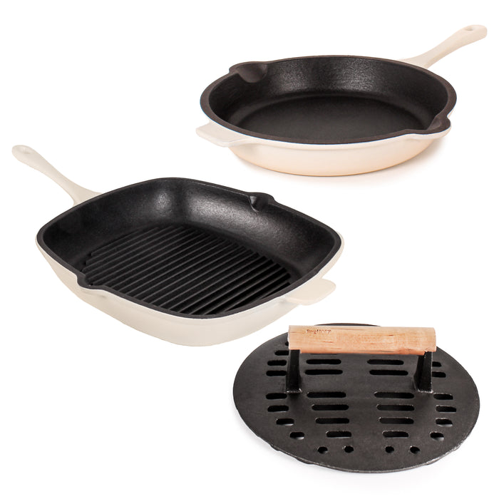 Image 1 of Neo 3pc Cast Iron Fry Pan & Grill Pan Set with Slotted Steak Press, Meringue