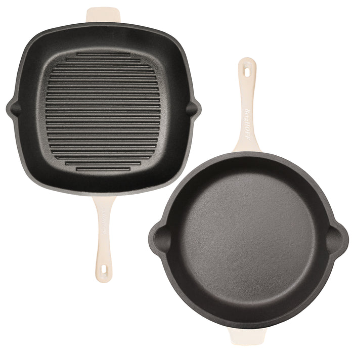 Image 2 of Neo 3pc Cast Iron Fry Pan & Grill Pan Set with Slotted Steak Press, Meringue