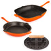 Image 1 of Neo 3pc Cast Iron Fry Pan & Grill Pan Set with Slotted Steak Press, Orange