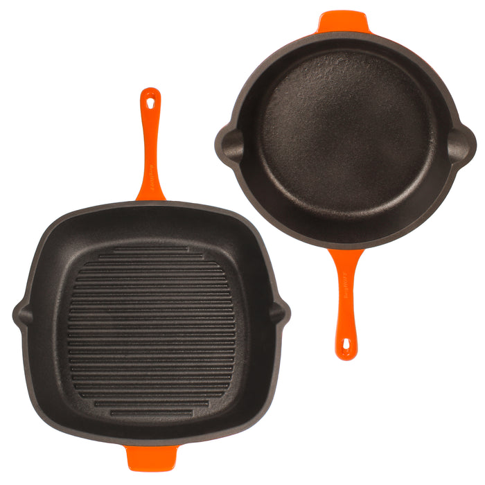 Image 3 of Neo 3pc Cast Iron Fry Pan & Grill Pan Set with Slotted Steak Press, Orange