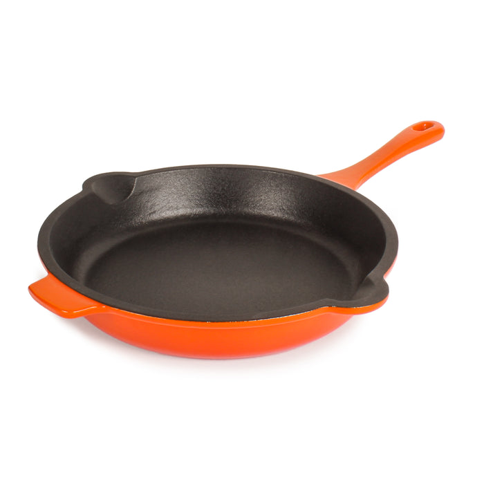 Image 4 of Neo 3pc Cast Iron Fry Pan & Grill Pan Set with Slotted Steak Press, Orange