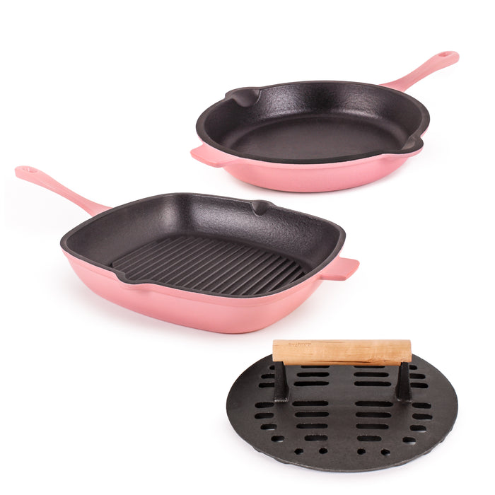 Image 1 of Neo 3pc Cast Iron Fry Pan & Grill Pan Set with Slotted Steak Press, Pink