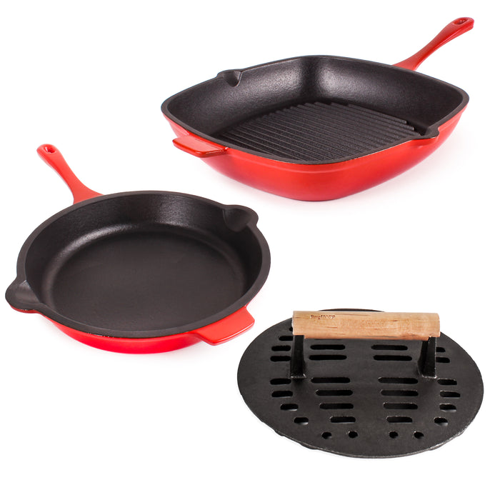 Image 1 of Neo 3pc Cast Iron Fry Pan & Grill Pan Set with Slotted Steak Press, Red