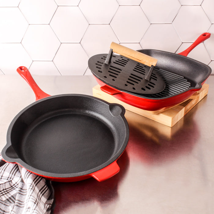 Image 2 of Neo 3pc Cast Iron Fry Pan & Grill Pan Set with Slotted Steak Press, Red