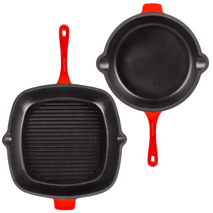 Image 3 of Neo 3pc Cast Iron Fry Pan & Grill Pan Set with Slotted Steak Press, Red