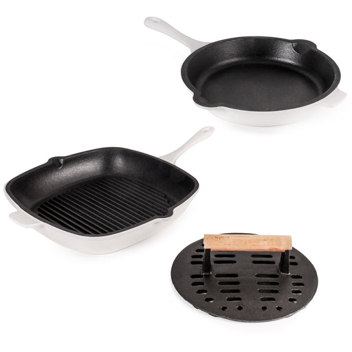 Image 1 of Neo 3pc Cast Iron Fry Pan & Grill Pan Set with Slotted Steak Press, White