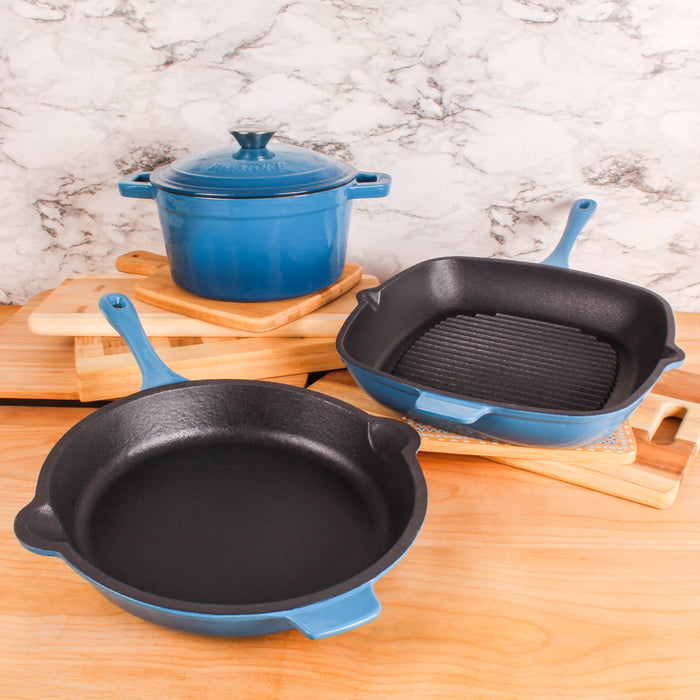 Image 2 of Neo 4pc Cast Iron Cookware Set, Fry Pan, Grill Pan & Round Dutch Oven, Blue