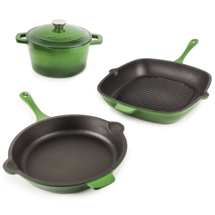 Image 1 of Neo 4pc Cast Iron Cookware Set, Fry Pan, Grill Pan & Round Dutch Oven, Green