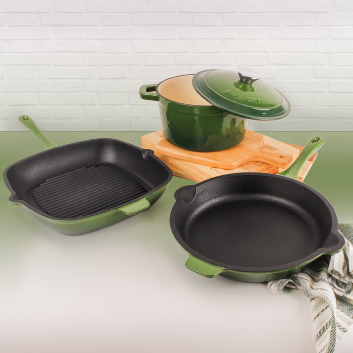 Image 2 of Neo 4pc Cast Iron Cookware Set, Fry Pan, Grill Pan & Round Dutch Oven, Green