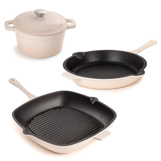 Image 1 of Neo 4pc Cast Iron Cookware Set, Fry Pan, Grill Pan & Round Dutch Oven, Meringue