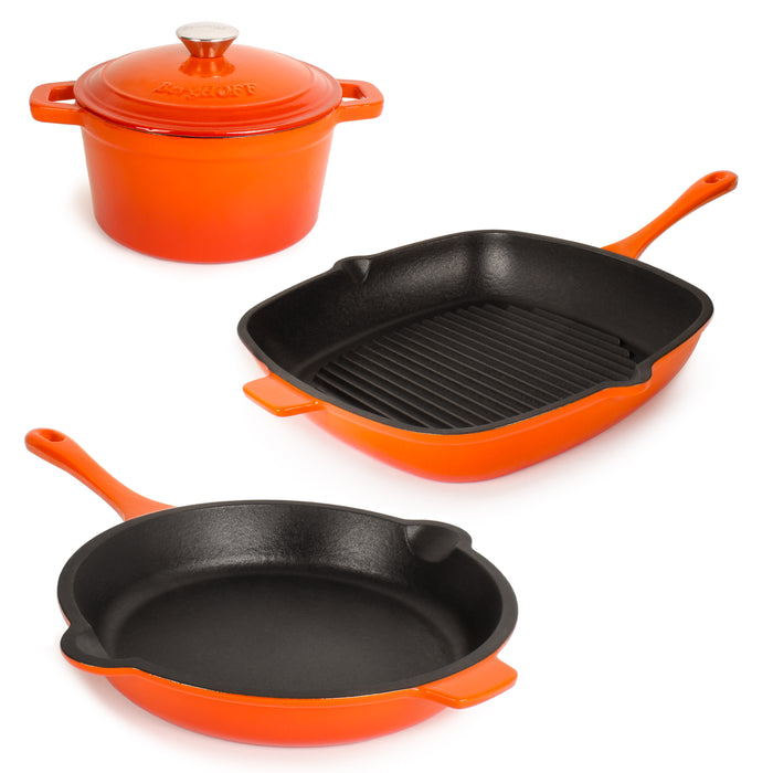 Image 1 of Neo 4pc Cast Iron Cookware Set, Fry Pan, Grill Pan & Round Dutch Oven, Orange