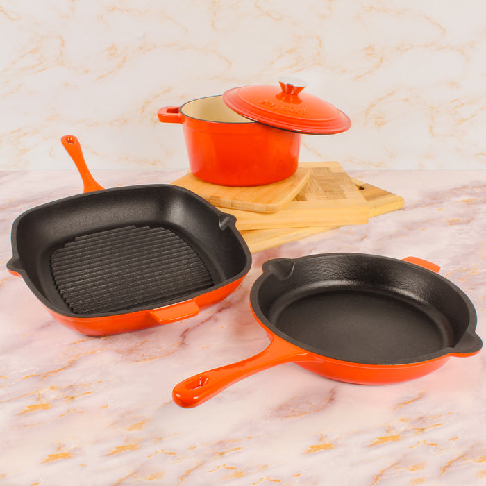 Image 2 of Neo 4pc Cast Iron Cookware Set, Fry Pan, Grill Pan & Round Dutch Oven, Orange