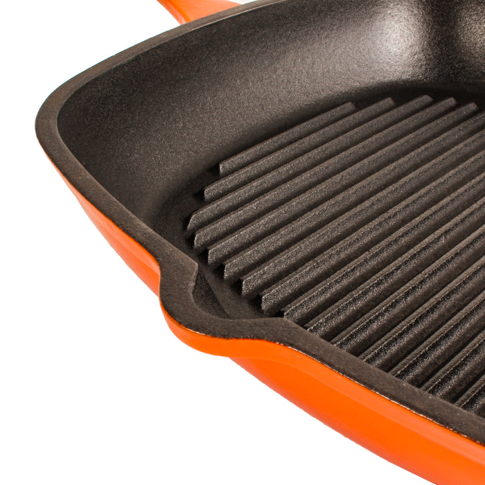 Image 6 of Neo 4pc Cast Iron Cookware Set, Fry Pan, Grill Pan & Round Dutch Oven, Orange