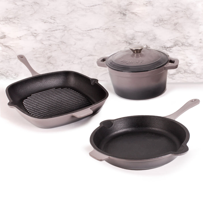 Image 4 of Neo 4pc Cast Iron Cookware Set, Fry Pan, Grill Pan & Round Dutch Oven, Oyster