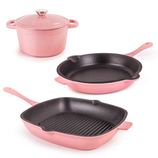 Image 1 of Neo 4pc Cast Iron Cookware Set, Fry Pan, Grill Pan & Round Dutch Oven, Pink