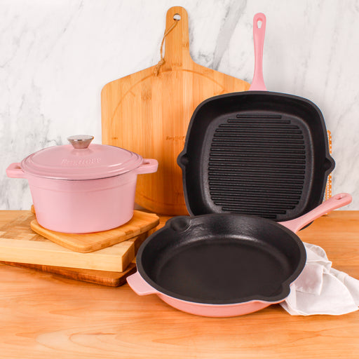 Image 2 of Neo 4pc Cast Iron Cookware Set, Fry Pan, Grill Pan & Round Dutch Oven, Pink