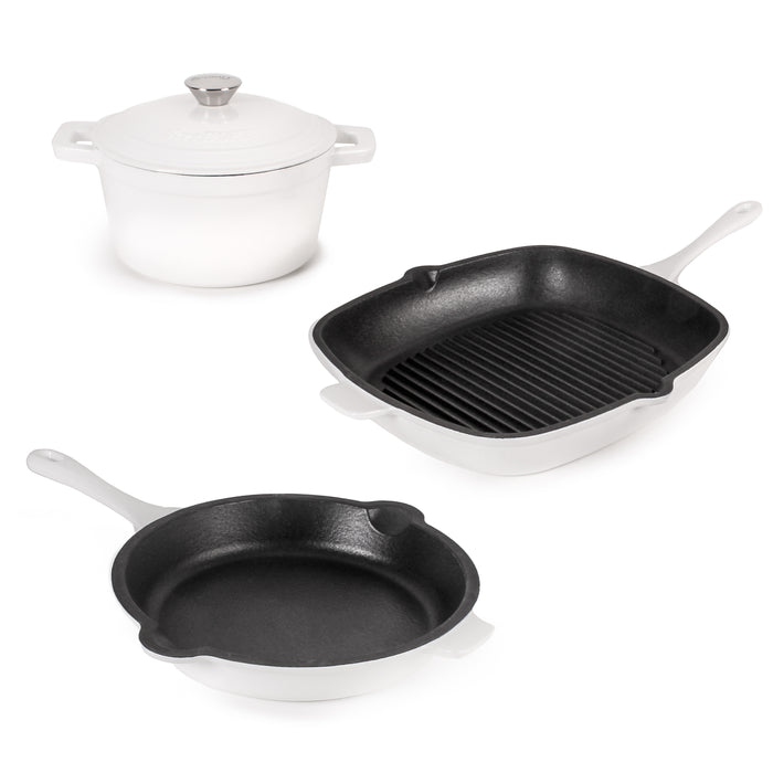 Image 1 of Neo 4pc Cast Iron Cookware Set, Fry Pan, Grill Pan & Round Dutch Oven, White