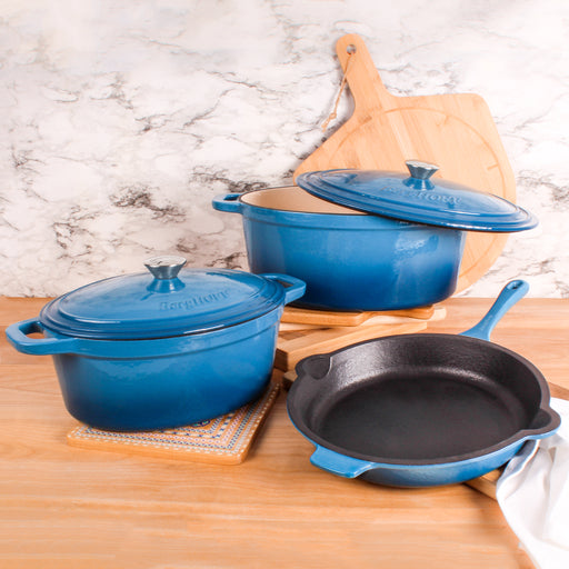 Image 2 of Neo 5pc Cast Iron Oval Dutch Oven Set with 10" Fry Pan, 5qt. & 8qt., Blue