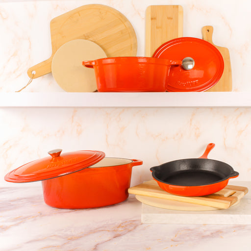 Image 2 of Neo 5pc Cast Iron Oval Dutch Oven Set with 10" Fry Pan, 5qt. & 8qt., Orange